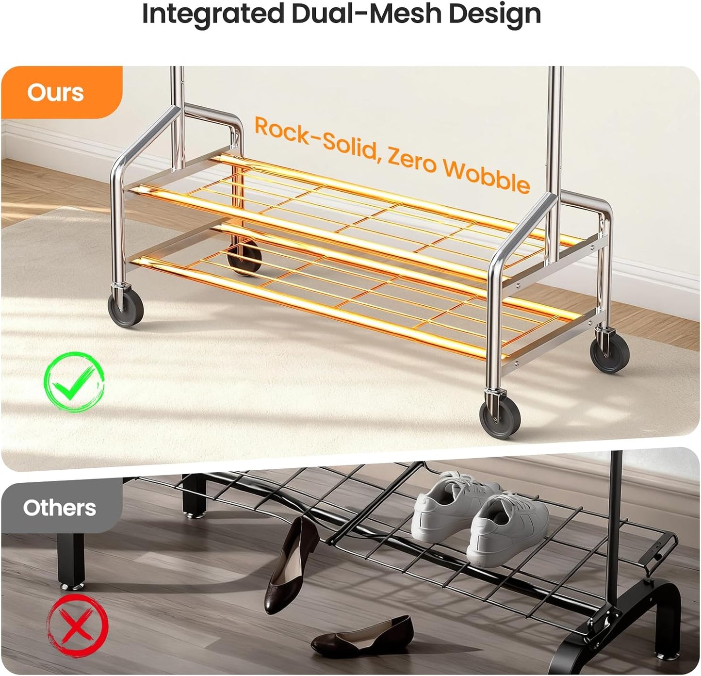 Skiennix Heavy Duty Clothes Rack - Rolling Metal Garment Rack with 650 LBS Capacity & 2 Shelves | Silver