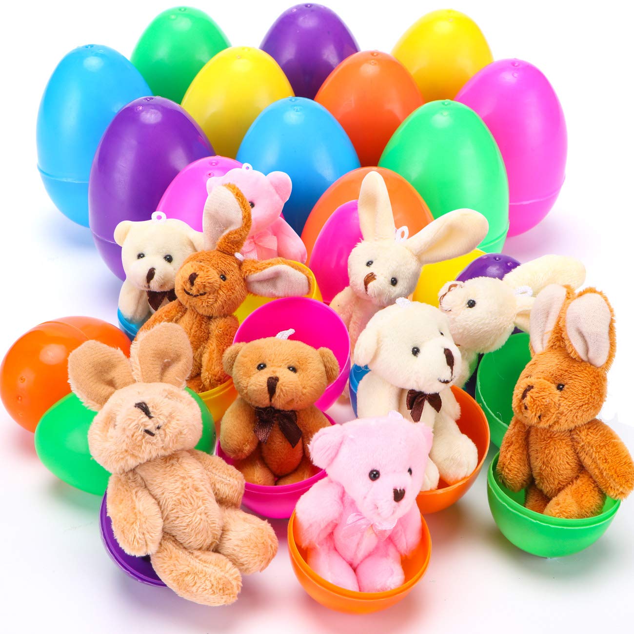 NEWBEA 12 Pack Prefilled Easter Eggs with Stuffed Animals,3.15" Plastic Easter Eggs Filled with Toys,Perfect for Kids