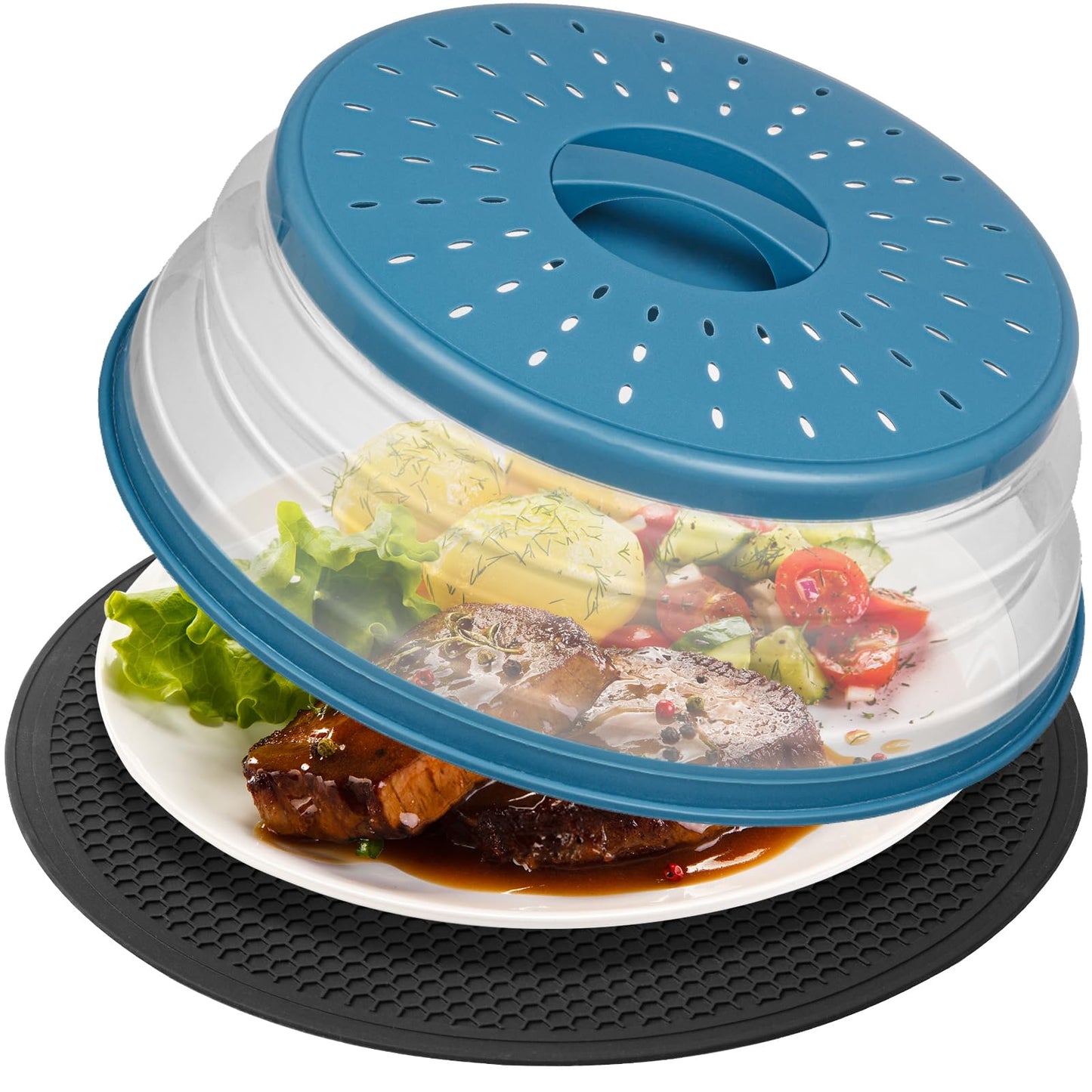 2 in 1,WENWELL Microwave Splatter Cover for Food & Mat, Vented Collapsible Kitchen dish bowl Plate lid Can be Hung, Easy to Shake Hands,Drainer Basket,BPA-Free Silicone & Plastic