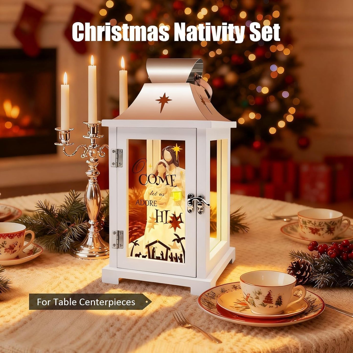 Regine Switzerland Christmas Nativity Set - 15.1" Tall Lantern for Table Centerpieces & Holiday Decor