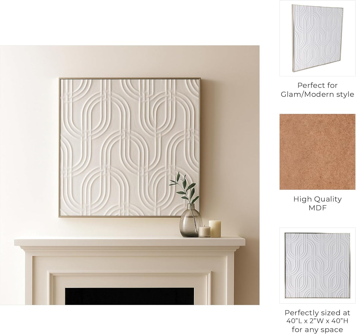 Modern Abstract Canvas Wall Art by [Brand Name] - Textured Geometric Panels for Living Room & Dining Room - 40" White