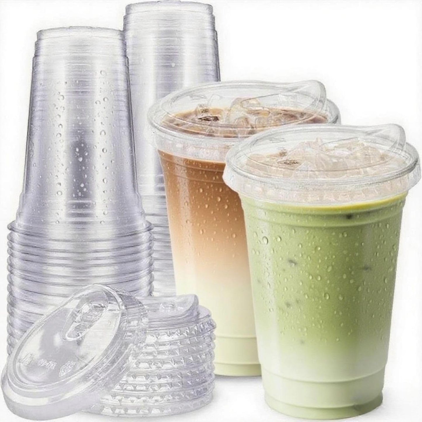 Skiennix 16 oz Clear Plastic Cups - Disposable Strawless Sip Lids for Iced Coffee, Smoothies & Juices