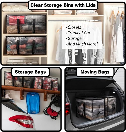 ClearSpace Oversized Moving Bags - Heavy-Duty Storage Bags with Backpack Straps & Zippers | 6 Pack for Easy Moving & Organization