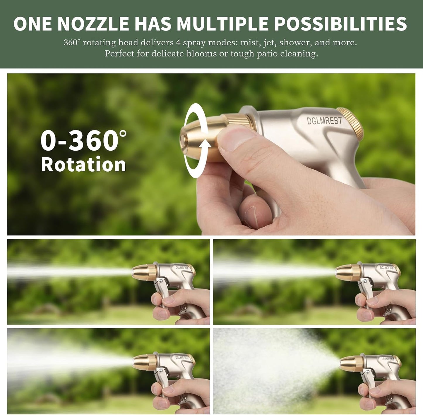 Metal Garden Hose Nozzle - Heavy Duty 4 Spray Patterns with 360° Rotation & Ergonomic Handle