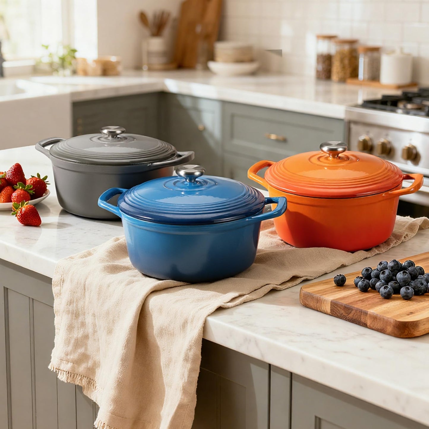 Overmont Enameled Cast Iron Dutch Oven - 5.5QT Pot with Lid Cookbook & Cotton Potholders - Heavy-Duty Cookware for Braising, Stews, Roasting, Sourdough Baking Grey