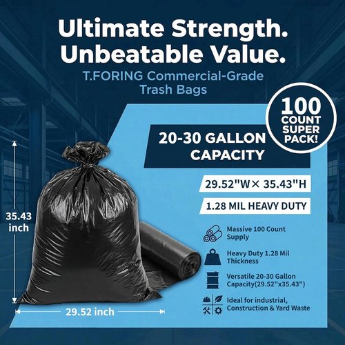 Heavy Duty Black Trash Bags by [Brand Name] - 1.28 Mil Thick, 30" x 35", 100 Count for Home & Office