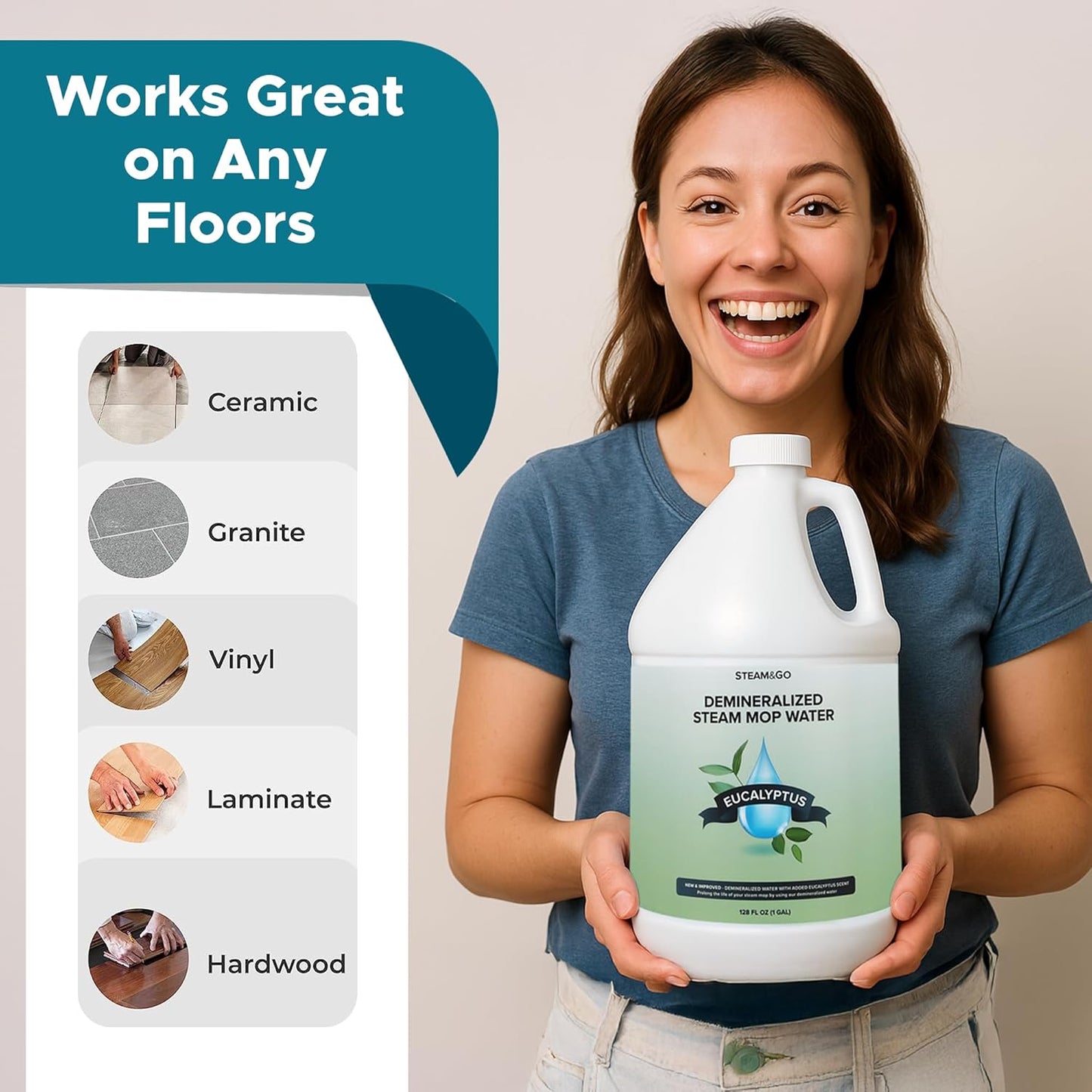Steam & Go Demineralized Water - Ready-to-Use Multi-Surface Steam Mop Cleaner | Eucalyptus Mint, 128oz