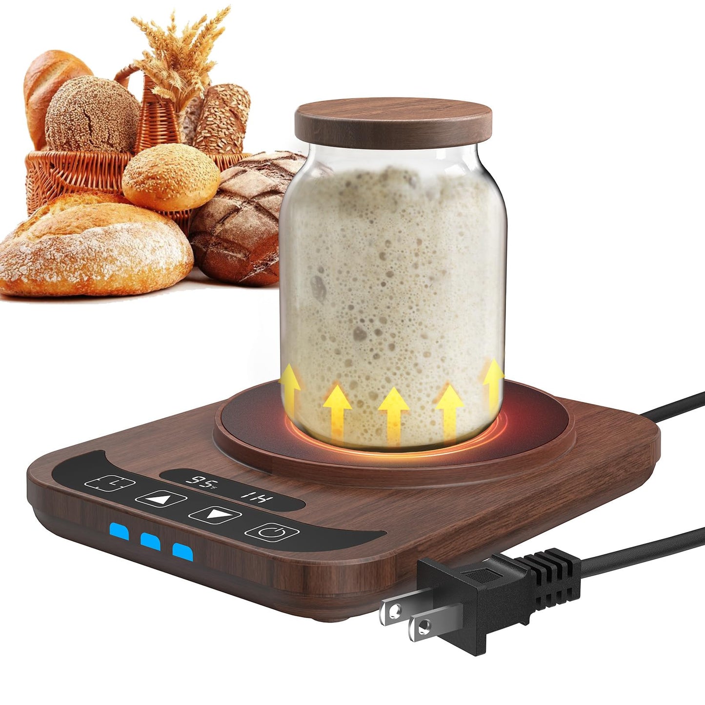 Sourdough Starter Warmer with Temperature Display,Sourdough Warming Mats 100℉ Electric Heating 12 Hours Timing Function Sourdough Heating Mat Bread for Baking Supplies Kitchen Bakers (Wood)