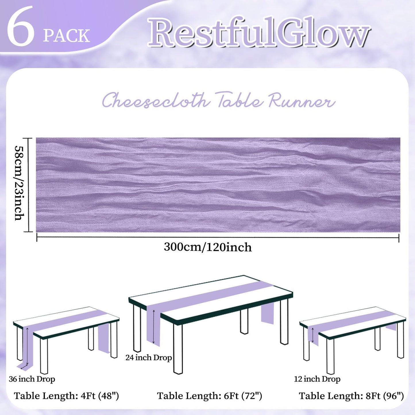RestfulGlow 6 Pack Lavender Purple Cheesecloth Table Runner 10FT Boho Cheese Cloths Fabric Table Runners 120 Inch Rustic Sheer for Summer Wedding Birthday Party Baby Shower Home Decorations