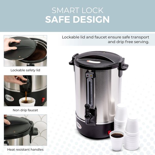ALPHA LIVING 100 Cups Electric Coffee Urn – Stainless Steel Large Capacity Electric Kettle Percolator Coffee Pot – Ideal Hot Beverage Dispenser for Catering, Hotels, Restaurants –Leak-Proof Tap