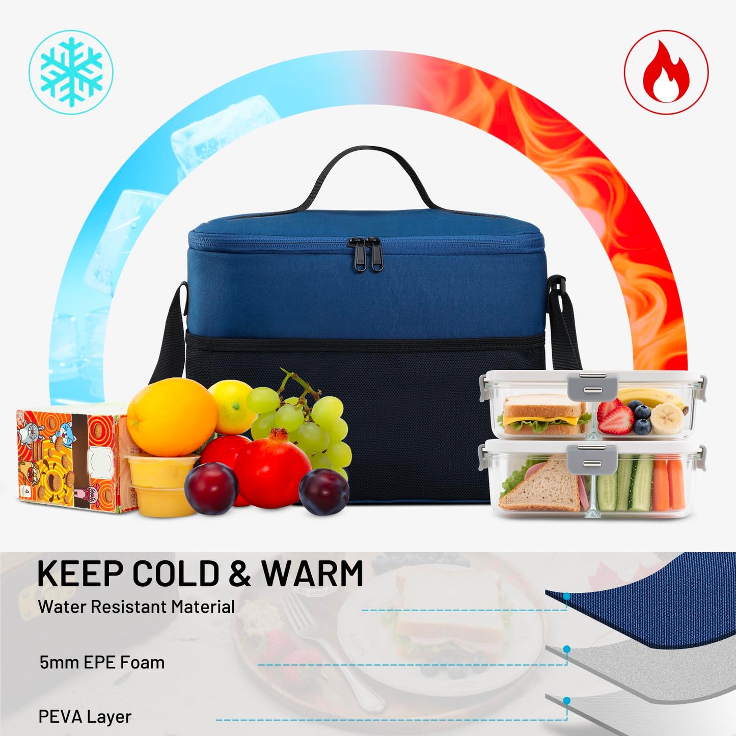 MIER Lunch Bag for Men Women Insulated Portable Lunch Box 12CAN Leakproof Cooler Bag with Shoulder Strap for Office Picnic School, Medium Navy
