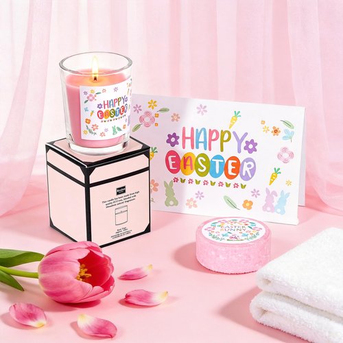 Honxicur Happy Easter Gifts Set for Women Sister Teens Adults Stuff, Easter Basket Stuffers with 16oz Glass Cup, Scented Candles, Bracelet, Makeup bag & Socks, Self Care Gifts for Women