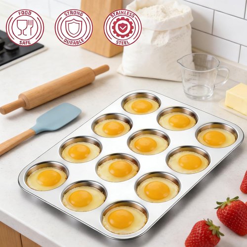 E-far Stainless Steel Muffin Top Pan - 12-Cavity Non-Toxic Bakeware for Yorkshire Pudding & More