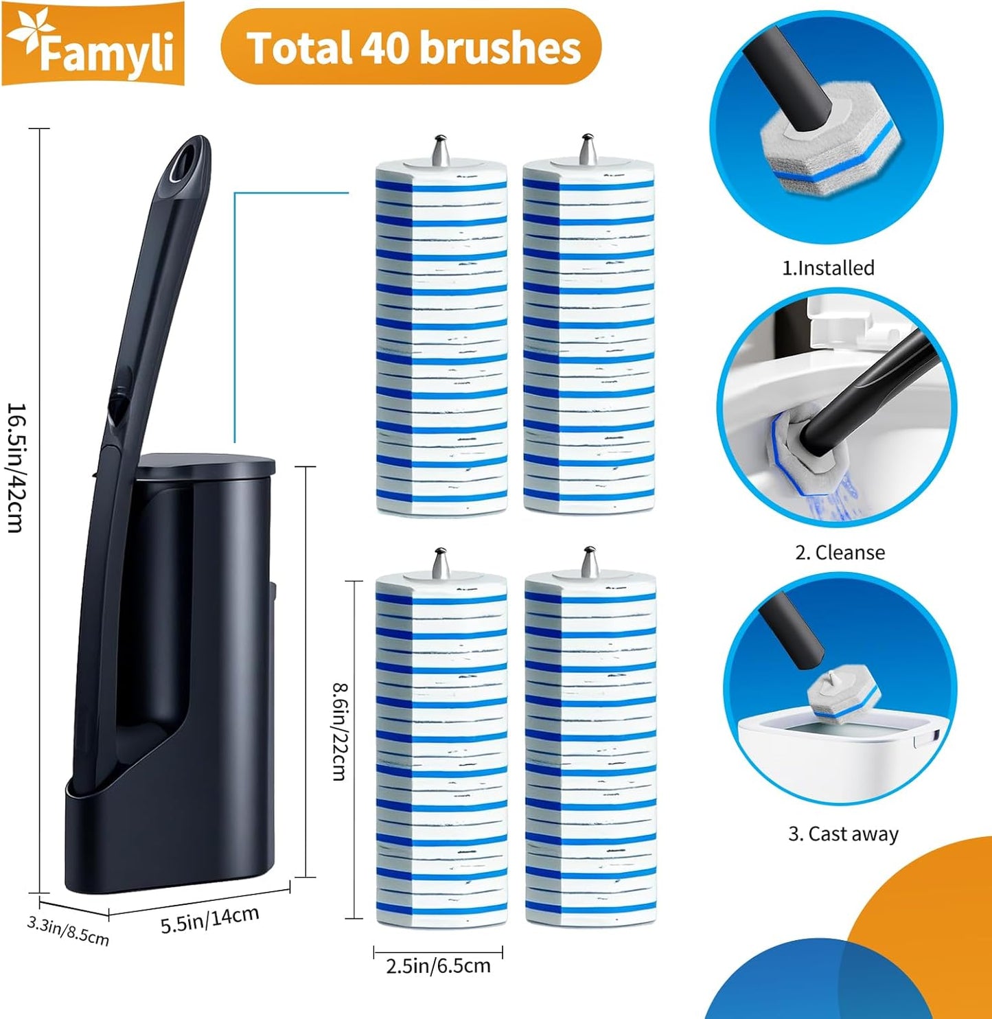 Skiennix Disposable Toilet Brush - Hygienic Toilet Bowl Cleaner with Holder | 40 Refills Included