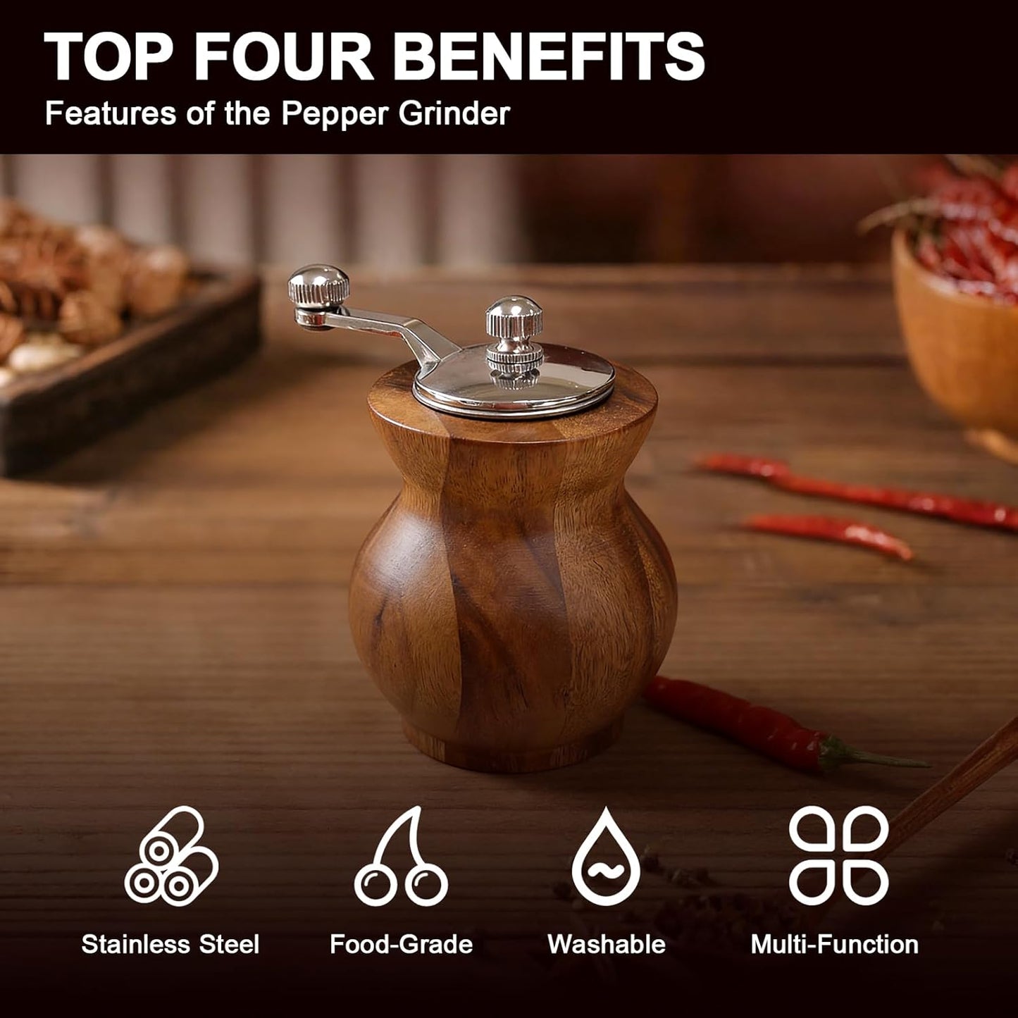 Skiennix Pepper Grinder - Refillable Spice Mill with Adjustable Coarseness | Manual Design with Handle