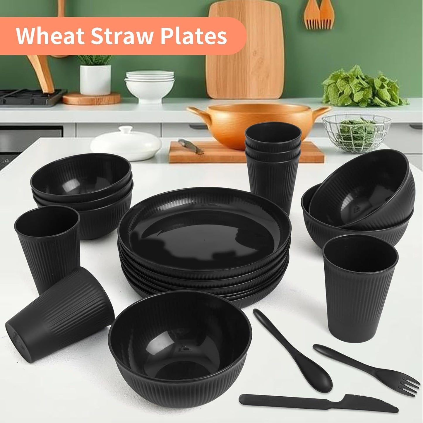 Skiennix 36-Piece Wheat Straw Dinnerware Set - Unbreakable Plates, Bowls & Cups | Dishwasher & Microwave Safe, Black
