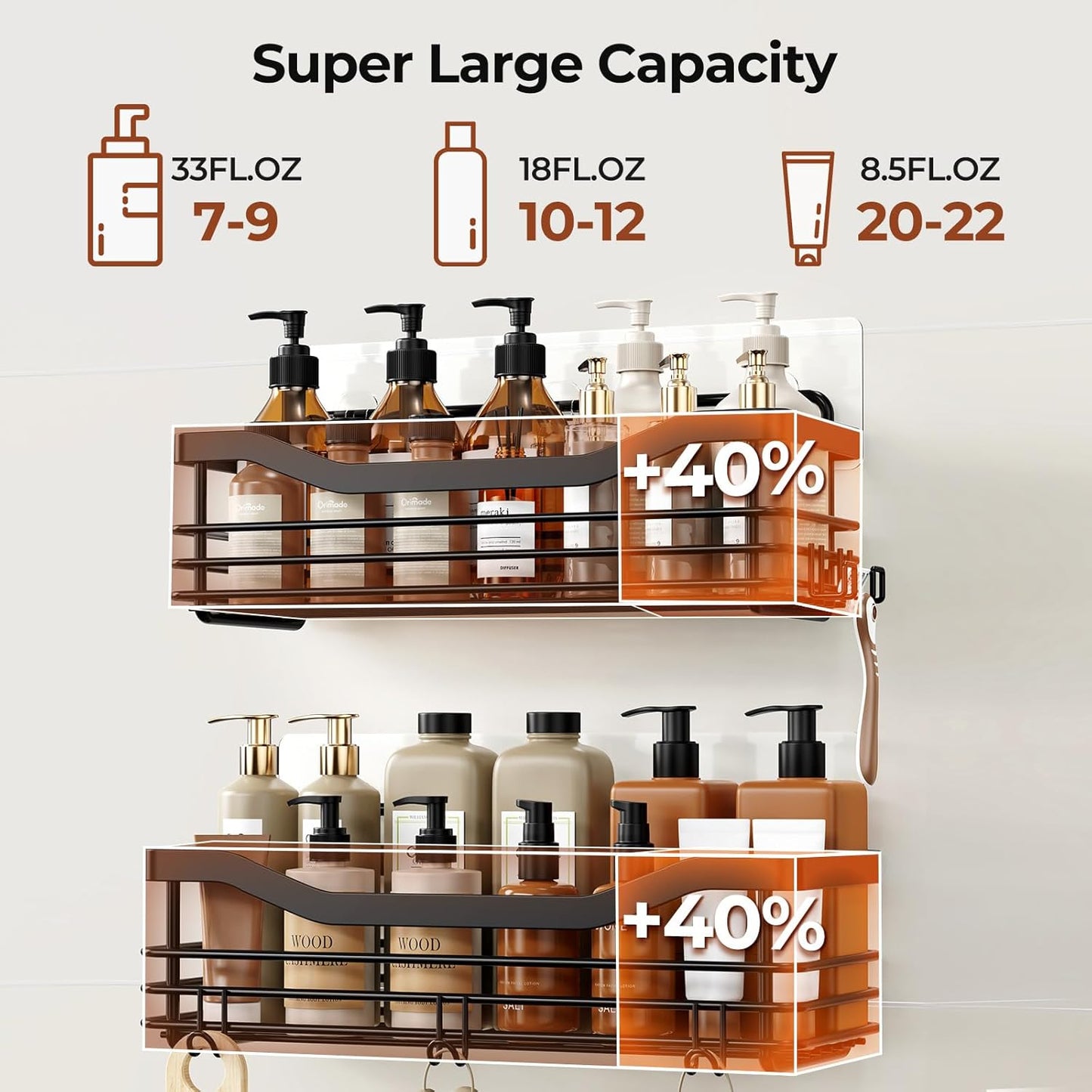 Orimade Shower Caddy Shelf - Rust Resistant Wall Mounted Organizer with 5 Hooks | 2 Pack, Black