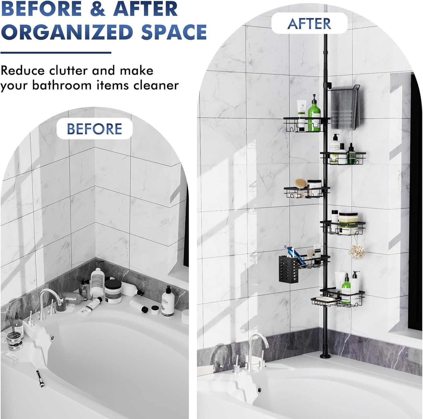 Shower Caddy Organizer - Rustproof Tension Pole with Adjustable 30-120 Inch Rack & Extra Towel Bar | Black