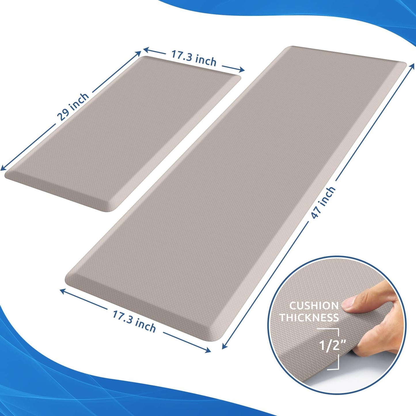 KitchenClouds 2PCS Kitchen Rugs Cushioned Anti-Fatigue Non-Slip Water Resistant Kitchen Mat Comfort Foam Standing Mat for Floor Office Sink Laundry (Khaki)