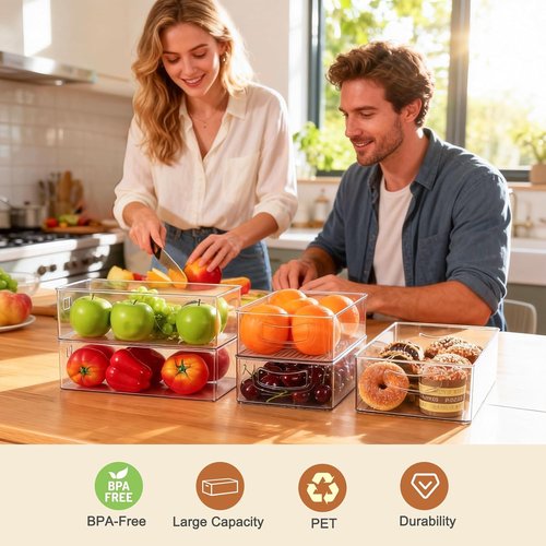 Hudgan Clear Storage Bins - 8 Pack Stackable Organizer Set for Kitchen, Pantry & Bathroom | Large & Medium Sizes