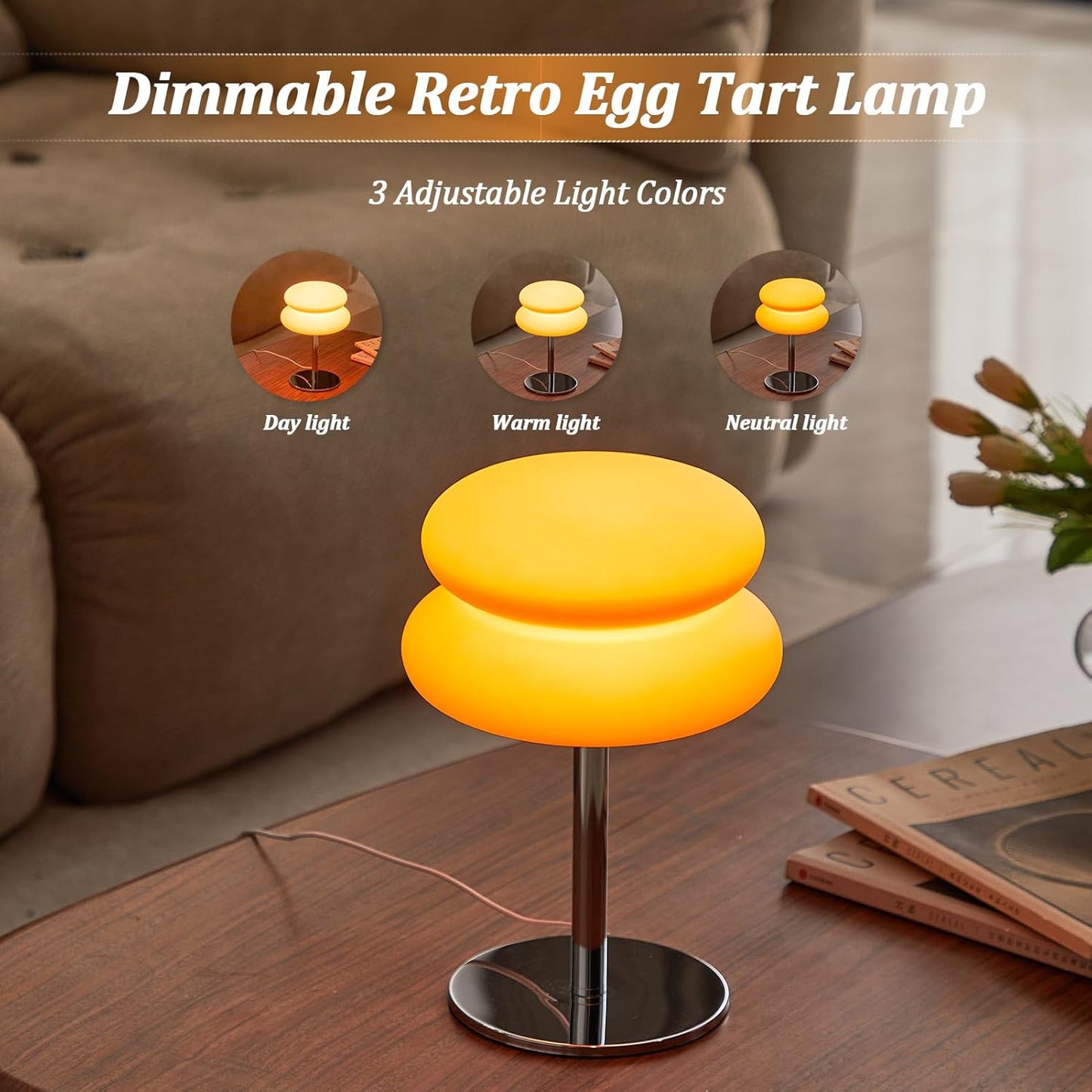 Skiennix Orange Mushroom Lamp - Dimmable Mid Century Modern Nightstand Light | Retro Egg Tart Design for Bedroom & Living Room Decor
