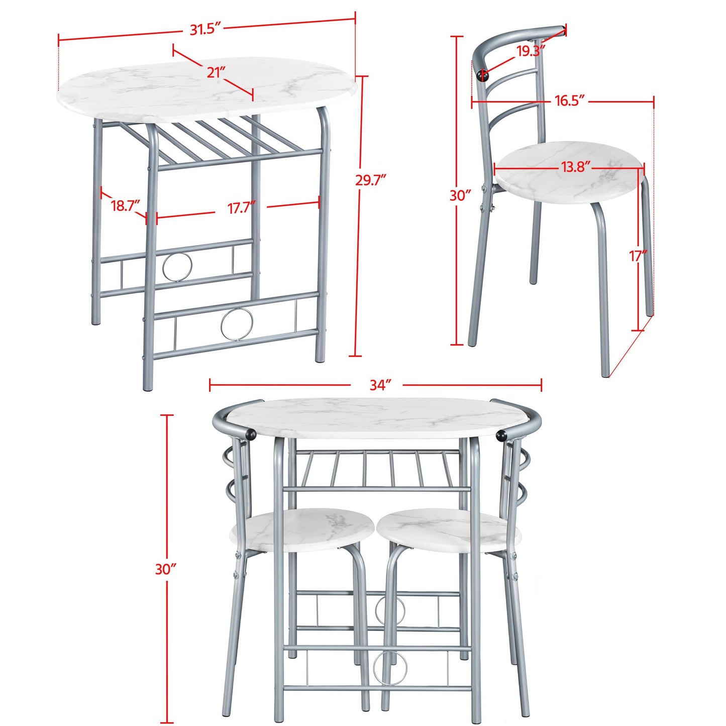 Yaheetech 3-Piece Dining Table Set, Breakfast Bistro Table Set for 2, Small Kitchen and Table Chairs Set of 2 with Metal Frame and Storage Rack for Small Space/Apartment/Dorm Room, White
