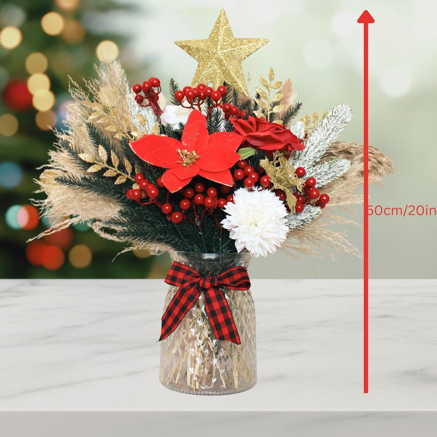 RyddeligHome Christmas Centerpieces - 100pcs Holiday Floral Arrangements for Tables | Red Poinsettia & Pine Decor