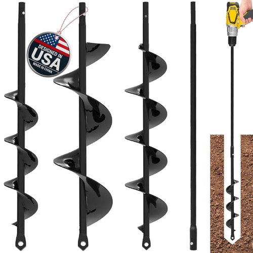 Auger Drill Bit Set by [Brand Name] - 3-Pack Spiral Hole Planter for Bulbs & Fence Posts - 3/8'' Hex Drive Gardening Tool