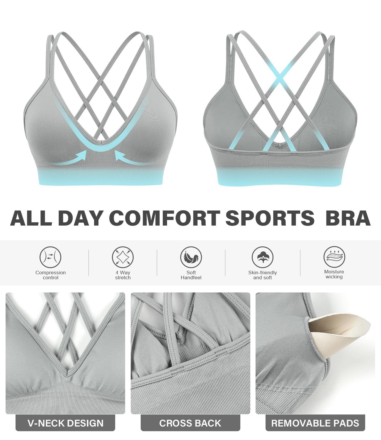 VEQING 3 Pack Women's Seamless Sports Bra - Deep V Neck Wirefree Yoga Bras with Removable Pads, Crisscross Strappy Back Comfortable Low Impact Workout Bralette for Small Chests, Daily Wear