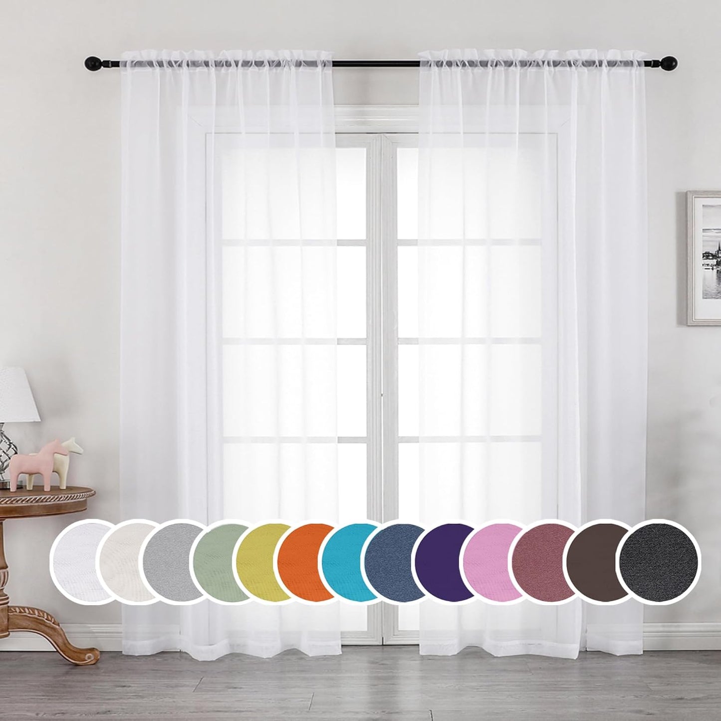 OWENIE Sheer Curtains - 84-Inch Long Voile Drapes for Living Room/Bedroom - White, 2 Panels (42" W Each)