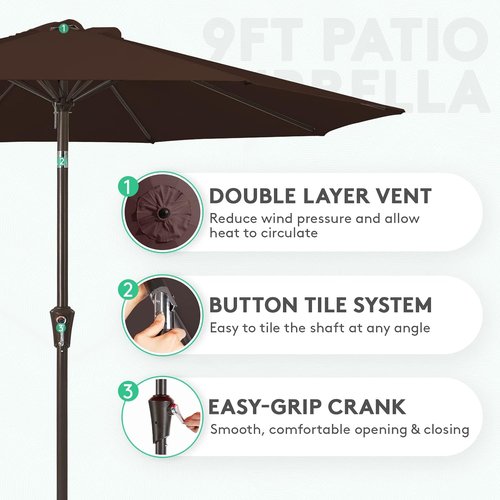 JEAREY 9FT Outdoor Patio Umbrella - Market Umbrella with Push Button Tilt & Crank | UV Protection, Waterproof, Brown