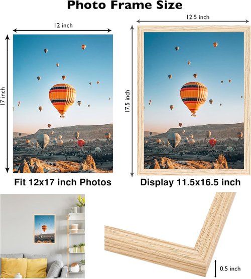 JCJMY 12x17 Picture Frame - Versatile Wall Mounting for Horizontal or Vertical Display | Natural Finish with Shatter-Resistant Plexiglass