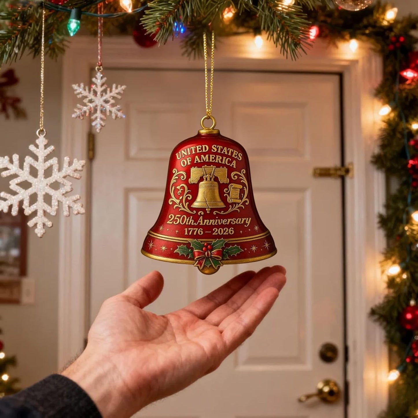 USA 250th Anniversary Bell Ornament - 3D Vintage Metal Design for Patriotic Holidays | Set of 2 Red & Blue