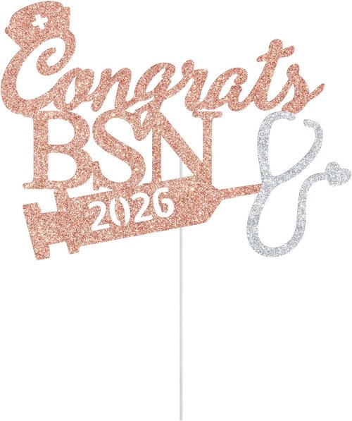 BSN Graduation Cake Topper - 2026 Nurse RN Medical School Party Decoration | Rose Gold Glitter
