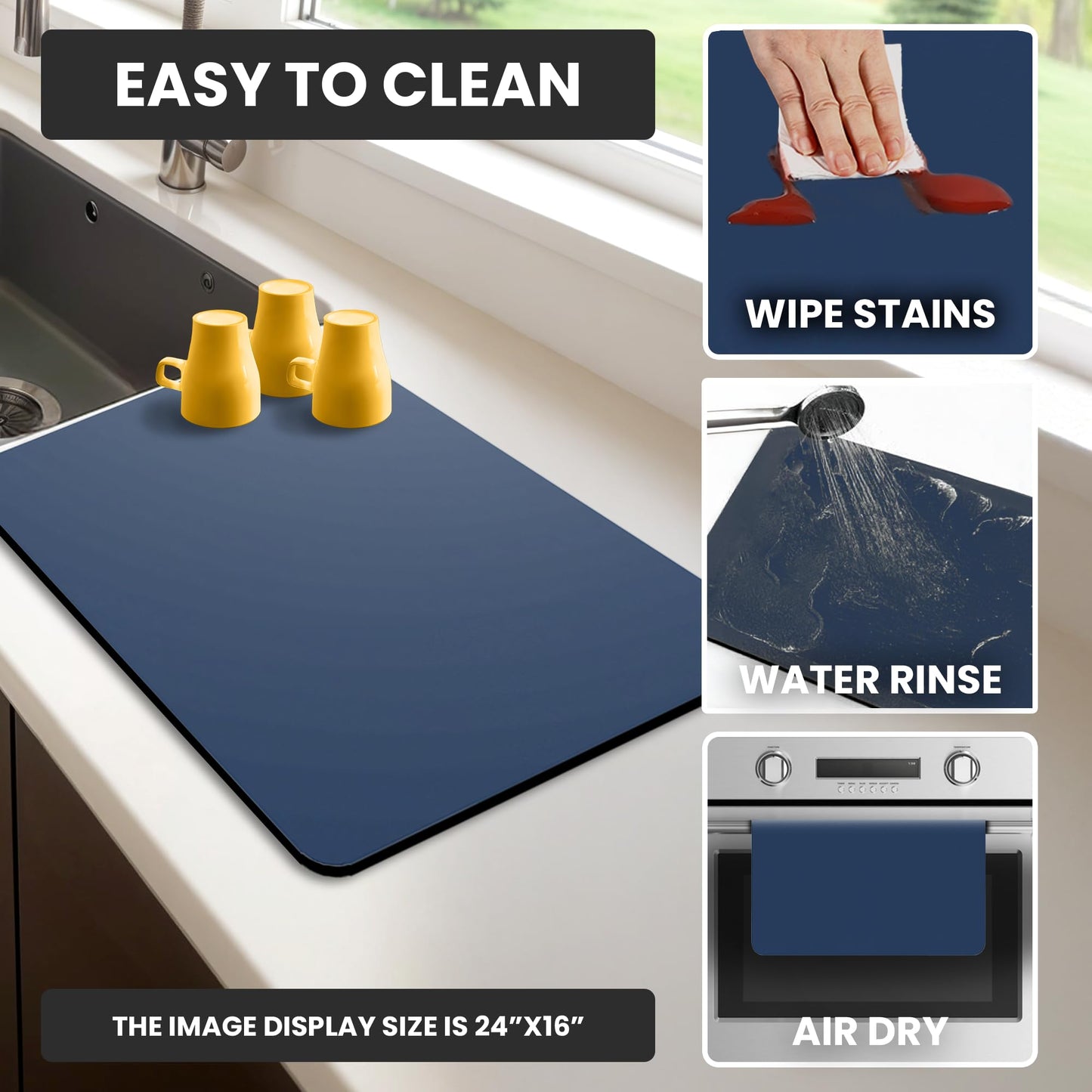 STRABELLA Dish Drying Mat Super Absorbent – 16" x 18" Coffee Mat for Countertops – Non-Slip Drying Mat for Kitchen Counter – Easy to Clean Water Absorbent Mat – Large Dish Drying Mats (Navy Blue)