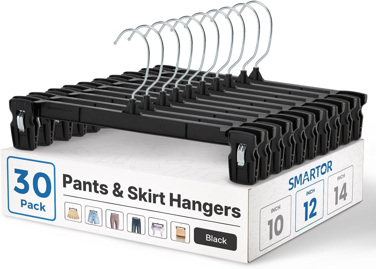 Smartor Pants Hangers - 30 Pack Black Clips with 360° Hooks for Heavy-Duty Trousers & Skirts | 12 Inch