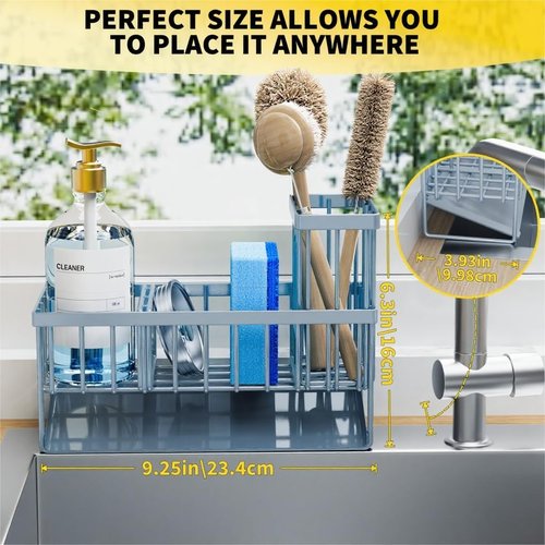 Cisily Sink Caddy Organizer - Rustproof 304 Stainless Steel with Brush & Sponge Holder | Gray Blue