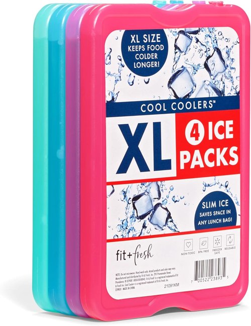 Cool Coolers by Fit & Fresh | 4 Pack XL Slim Ice Packs - Quick Freeze, Space-Saving Reusable Design