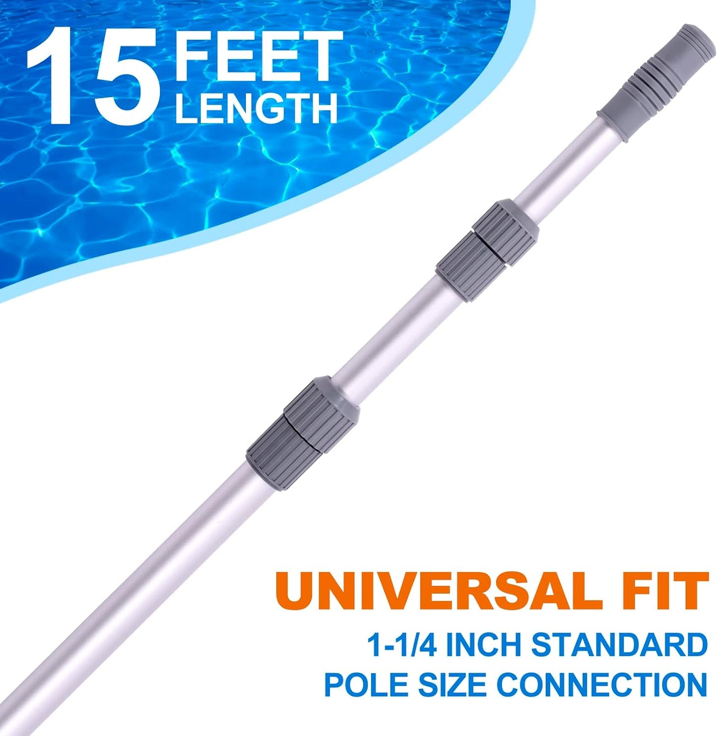 Sepetrel Pool Pole - 15-Foot Professional Telescoping Cleaning Pole for Skimmer Net & Vacuum Head