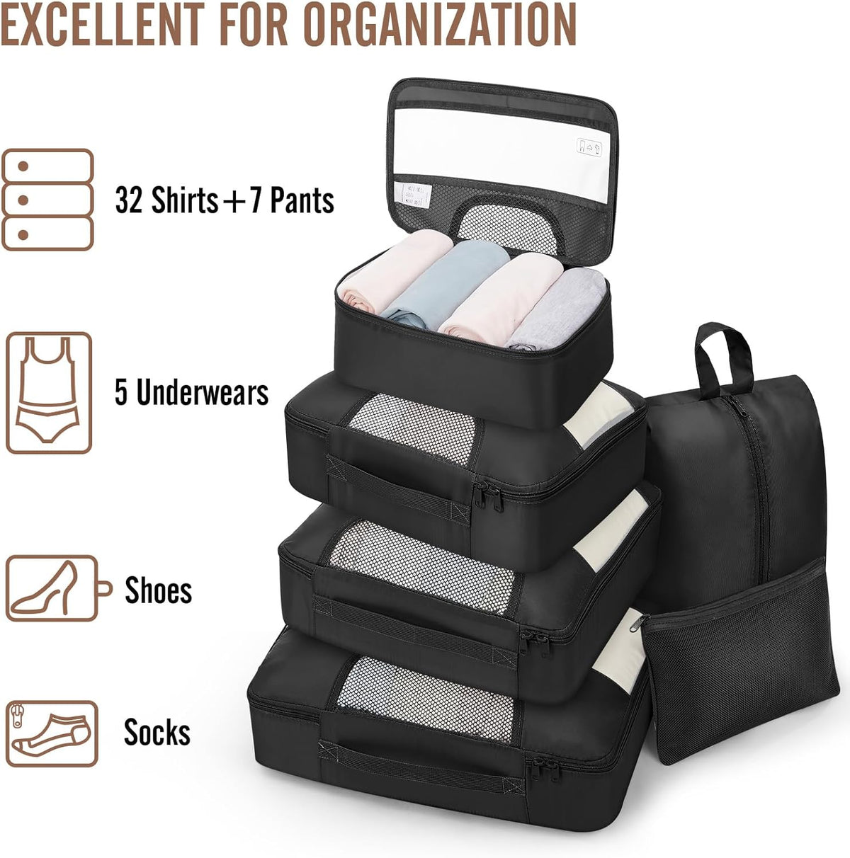Veken Packing Cubes Set - Travel Organizer Bags with Laundry & Toiletry Bag | 10-Piece Set in 4 Sizes