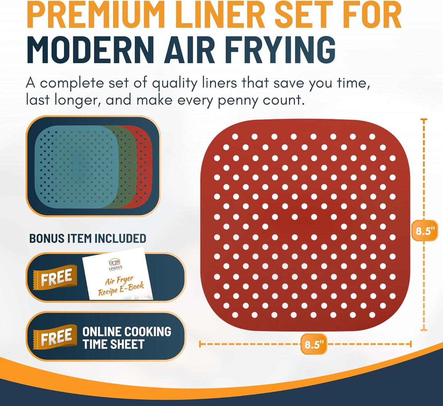 Linda’s Essentials Reusable Square Silicone Air Fryer Liners - Non-Stick, Easy-Clean | 8.5 Inch, 3 Pack with Cheat Sheet & Recipe Book