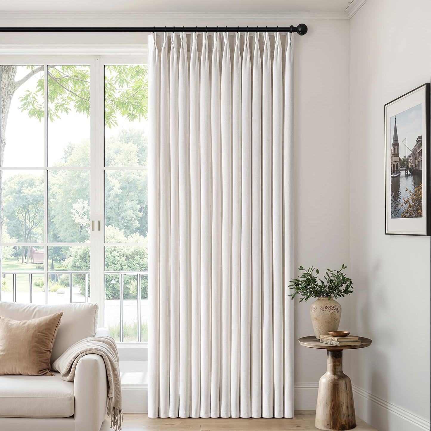 MIULEE Thick Linen Pinch Pleated Curtains - 90 Inch Semi-Sheer Light Filtering Drapes | 4 Panels in Beige & White