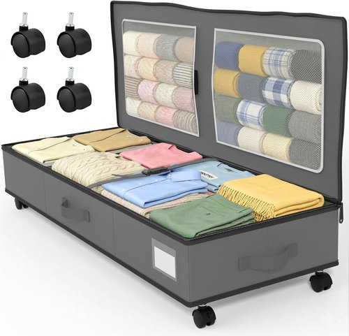 GoMaihe Under Bed Storage - 70L Rolling Bins for Wrapping Paper, Toys & Clothes | Includes Mesh Bag & Adjustable Dividers, Grey