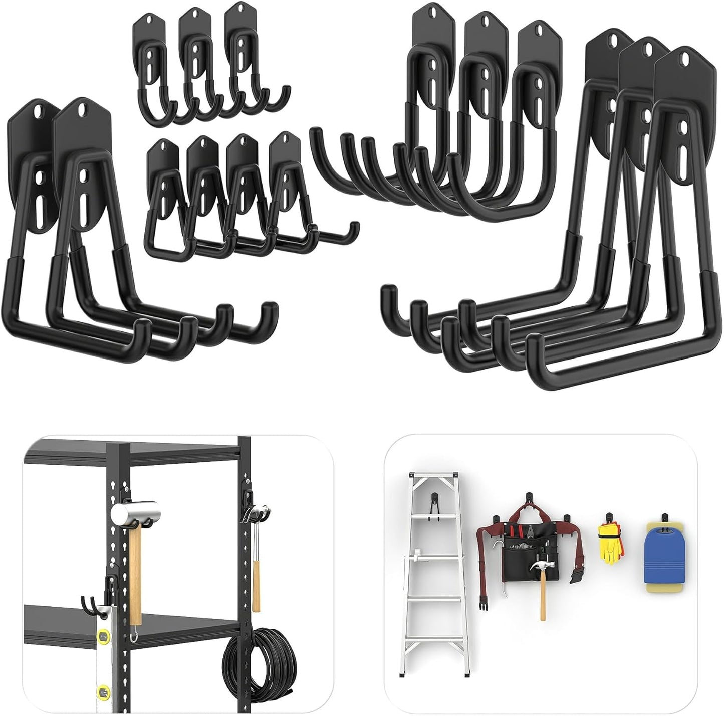 TORACK Garage Storage System Hooks - 15 PCS Wall-Mount Utility Hooks for Tools, Ladders & More (Black)