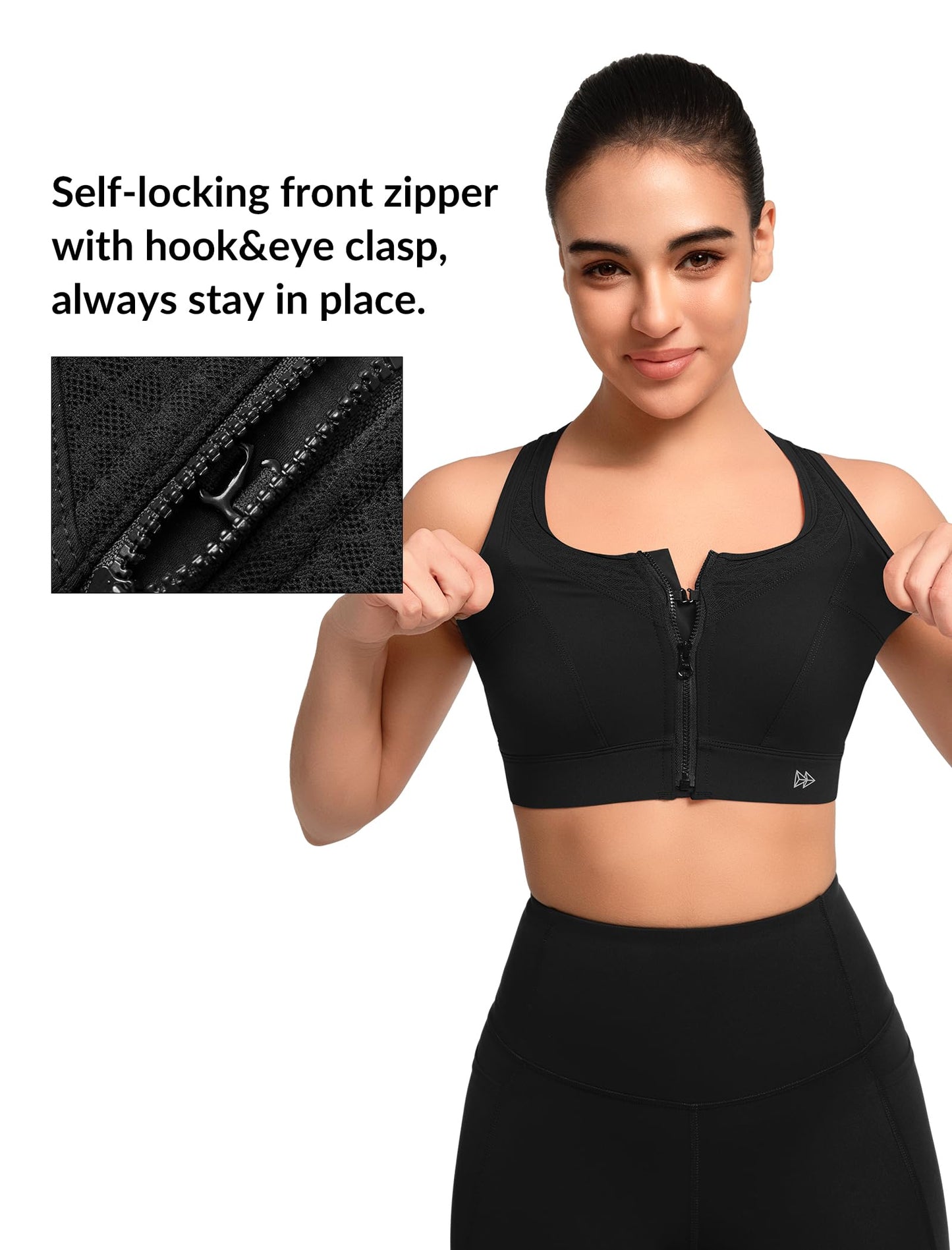 Yvette High Impact Sports Bras for Women Front Zip Supportive Running Bras for Large Bust Plus Size, Black, M
