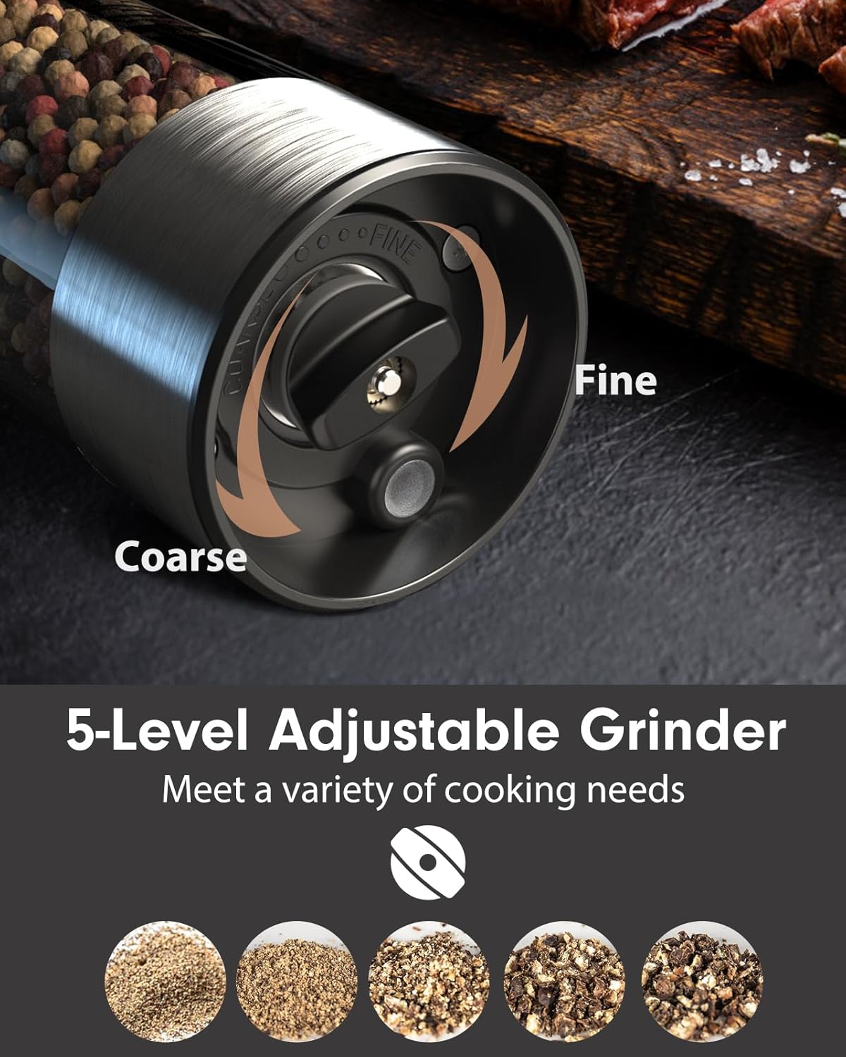 TOMEEM Electric Salt and Pepper Grinder Set - Rechargeable, Stainless Steel with LED Lights | 5 Adjustable Coarseness