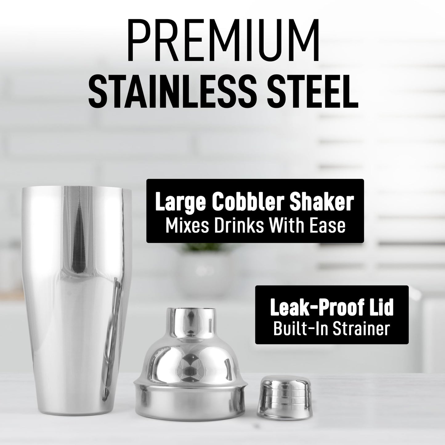 Zulay Cocktail Shaker (24oz) 18/8 Stainless Steel Martini Shaker with Built-in Strainer - Professional Grade Drink Shaker and Strainer for Bartending & Homebars (Silver)