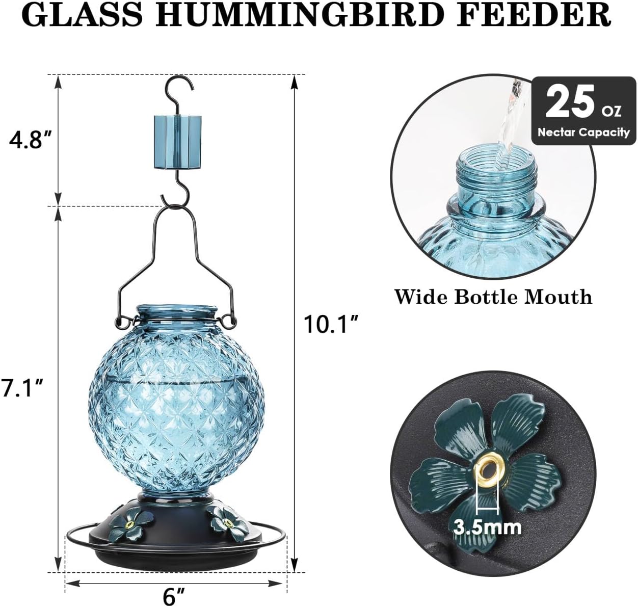 Skiennix Glass Hummingbird Feeder - 25 Oz Outdoor Nectar Feeder with 4 Bee Guards & Ant Moat | Blue