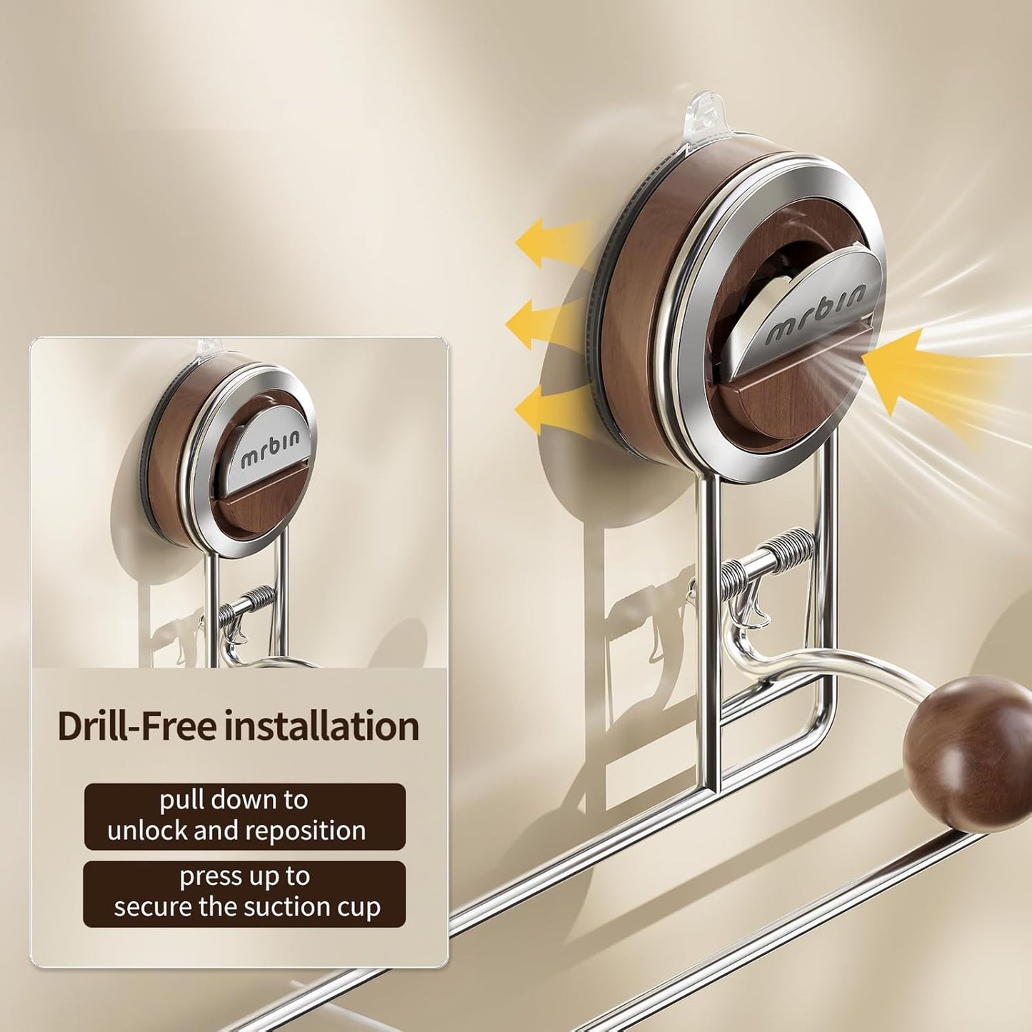 Skiennix Kitchen Paper Towel Holder - Suction Cup Design, Stainless Steel & Wood, No Drill, Large Size