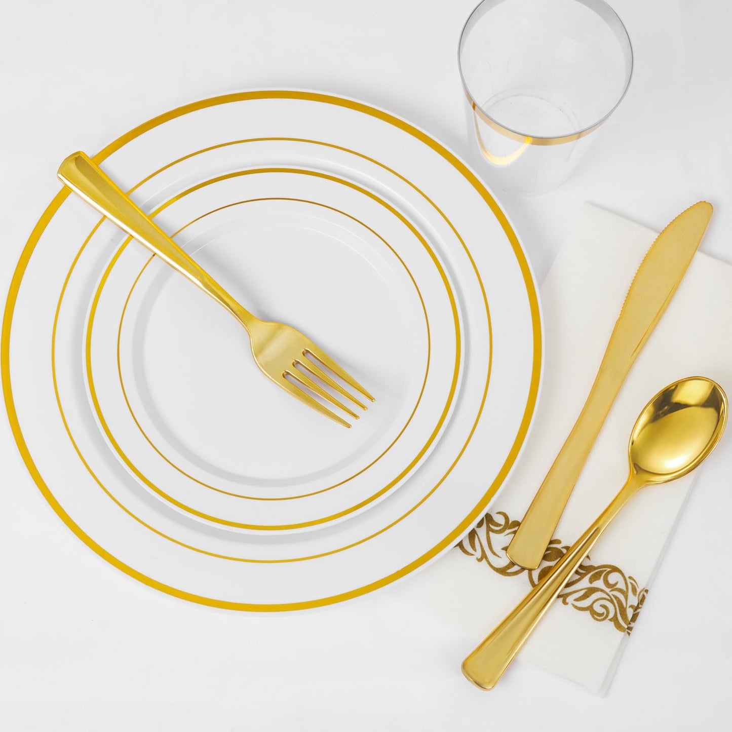 Supernal 400pcs Gold Glitter Plastic Dinnerware, Disposable Plates for Party Include 50 Gold Plastic Plate, 50pcs Dessert Plate 100 Glitter Forks, 50 Disposable Knives and Spoons, 50Cups and Napkins